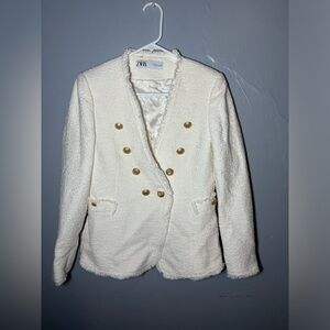 ZARA WHITE TWEED BLAZER W/GOLD BUTTONS size small